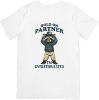 Thumbnail for Hold On Partner I'm Overstimulated Raccoon Cowboy T-Shirt | Funny Vintage Graphic Tee