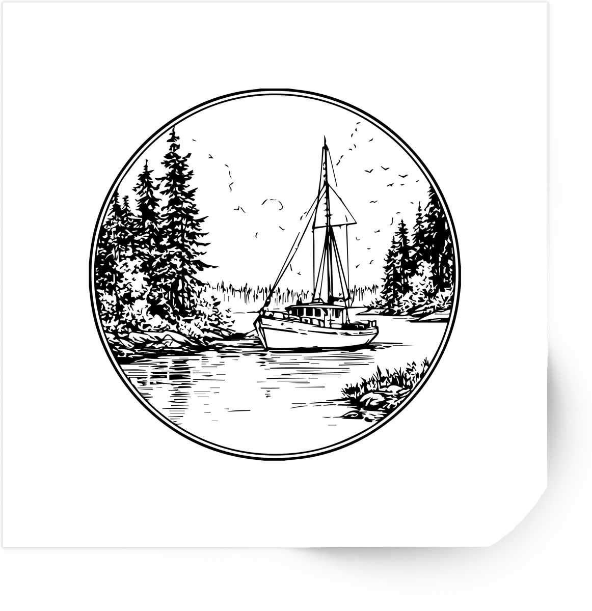 Sailboat on Lake Sticker | Black & White Lakeside Scene Vinyl Decal | Nautical Outdoor Gift