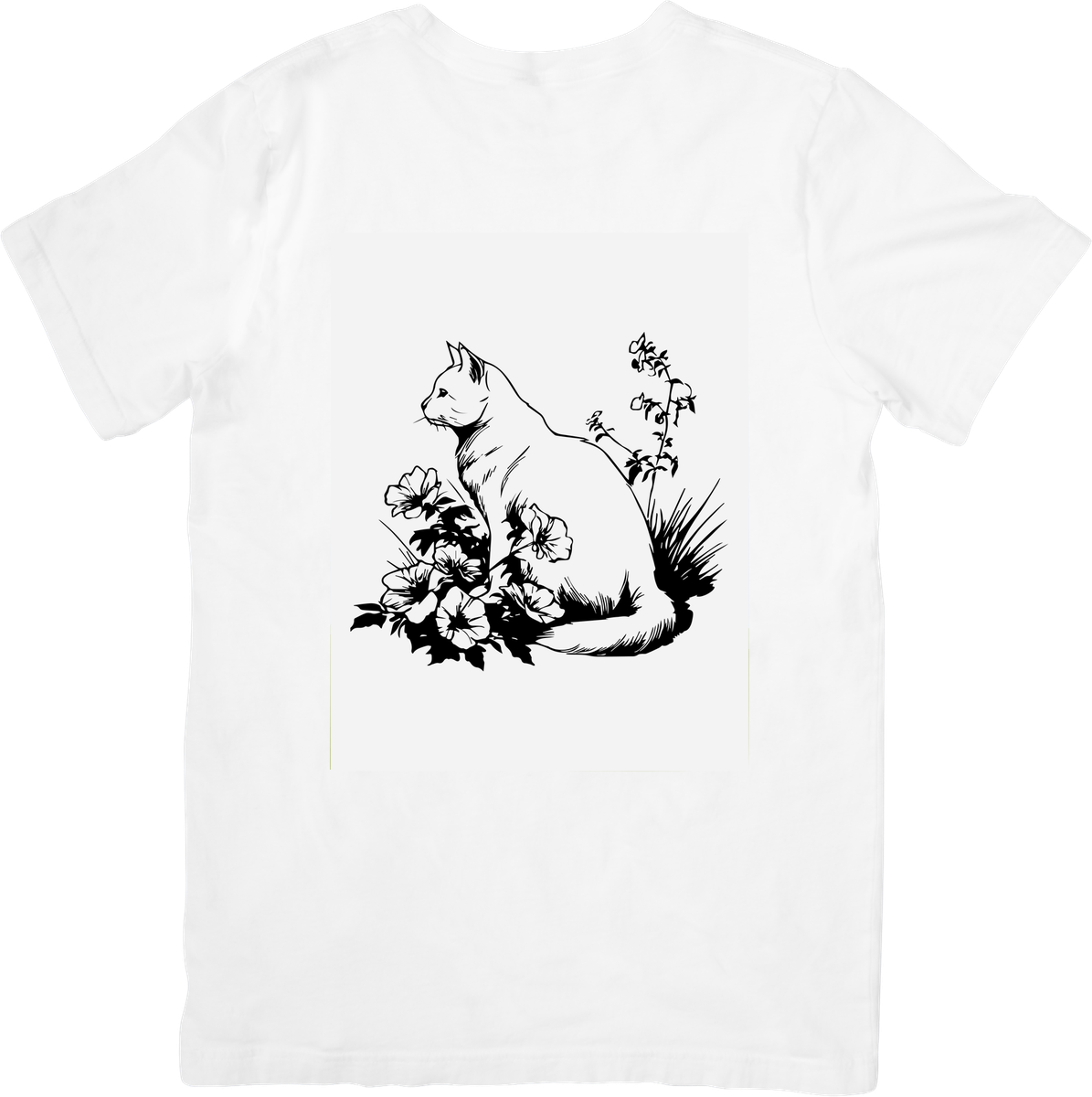 Elegant Cat With Flowers T-Shirt | Black Line Art Floral Graphic Tee | Cat Lover Gift
