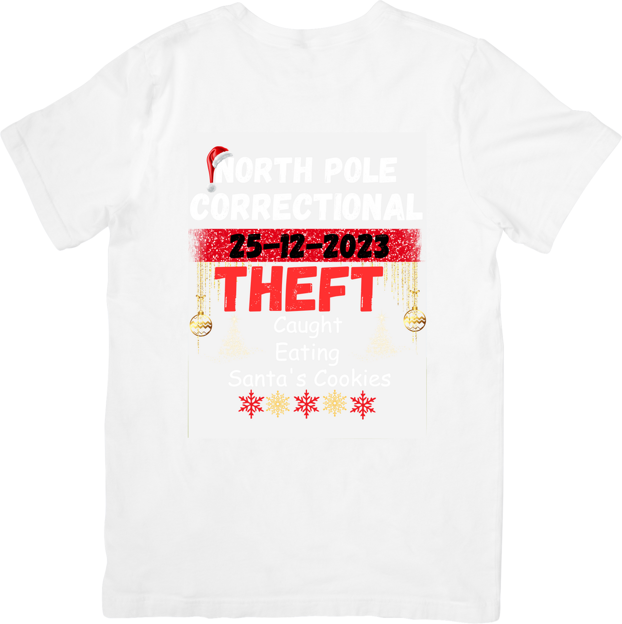 North Pole Correctional Theft T-Shirt | Funny Christmas Santa Cookies Mugshot Tee