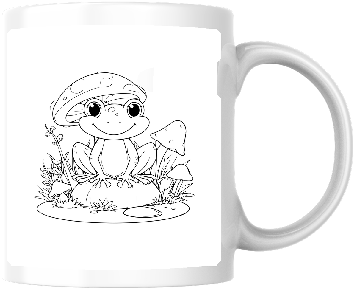 Cute Frog on Mushroom Mug | Black & White Coloring Style Coffee Mug | Kids Gift