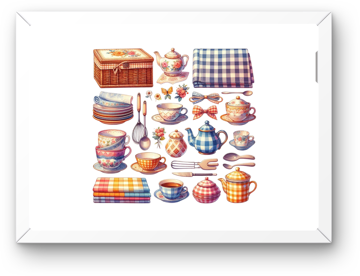 Vintage Tea Set Collection Wall Art | Gingham Cottage Kitchen Print | Cozy Home Gift