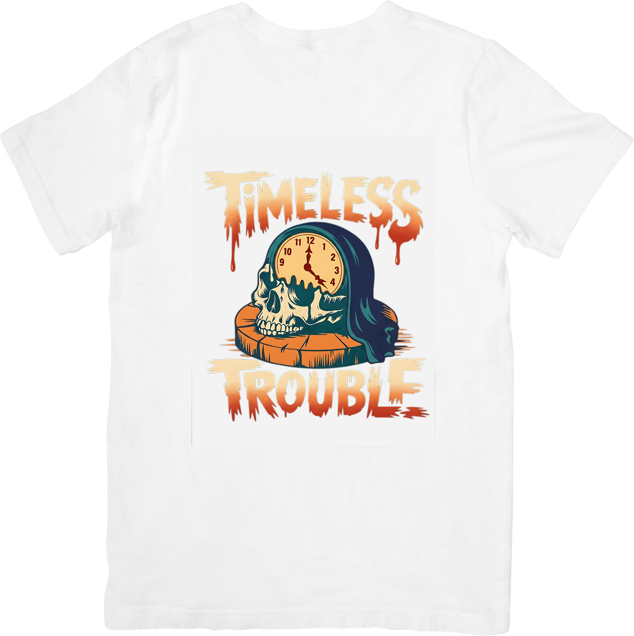 Timeless Trouble Halloween Skull Clock T-Shirt | Vintage Grim Reaper Graphic Tee