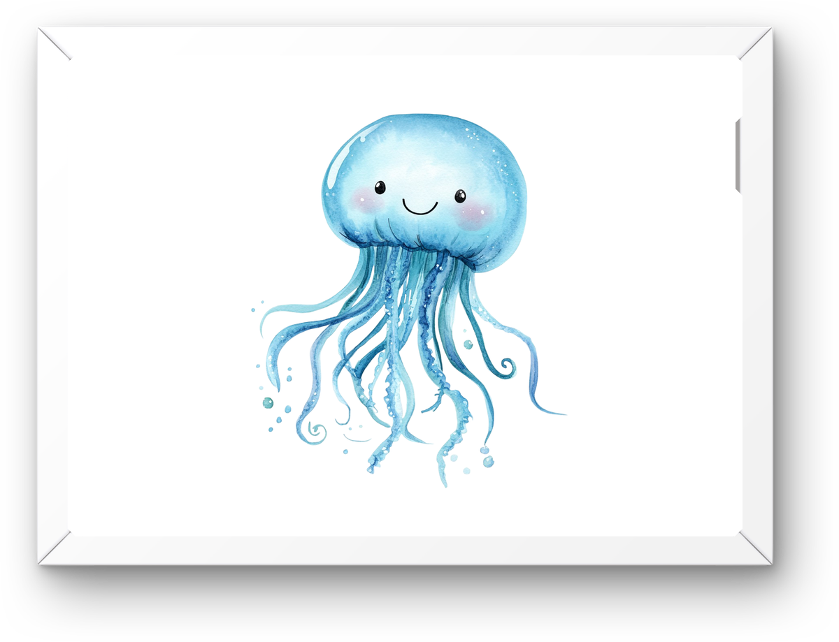 Cute Blue Jellyfish Wall Art | Watercolor Smiling Sea Creature Print | Kids Room Nursery Gift