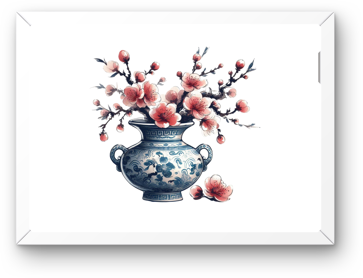 Cherry Blossom Porcelain Vase Wall Art | Watercolor Asian Floral Print | Elegant Home Gift